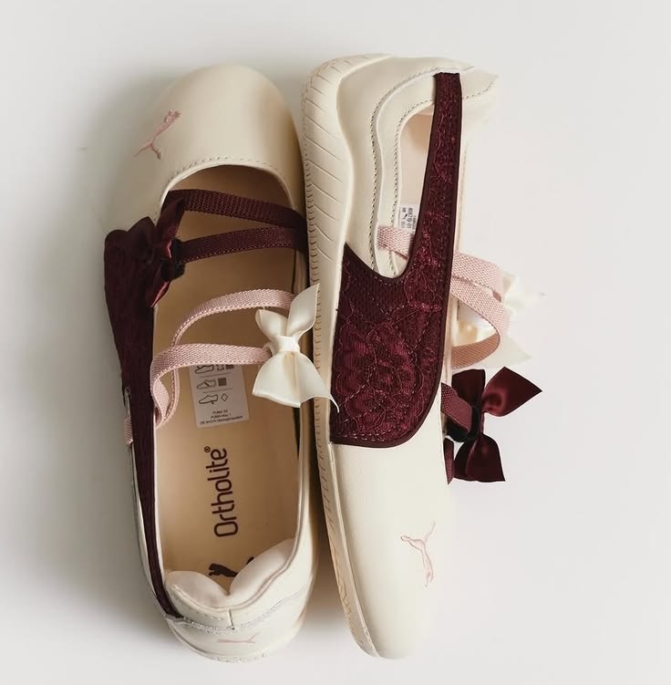 Puma Lace Mary Jane Flats Beige Burgandy