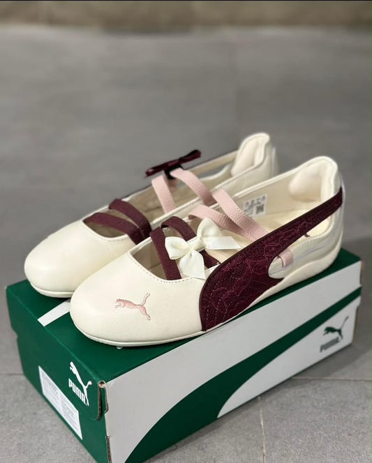 Puma Lace Mary Jane Flats Beige Burgandy