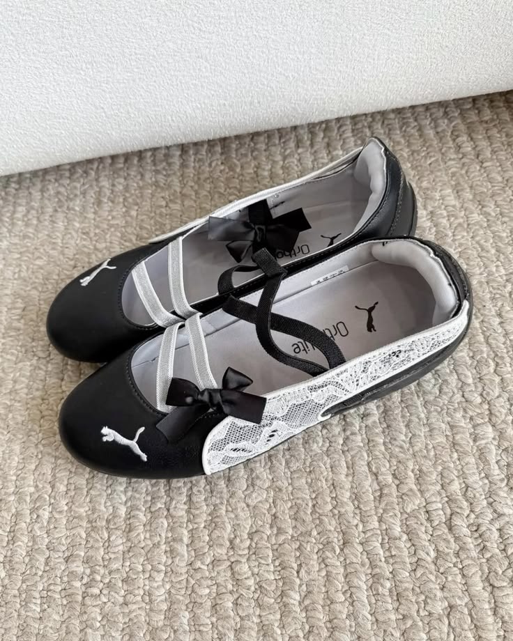 Puma Lace Mary Jane Flats Black White