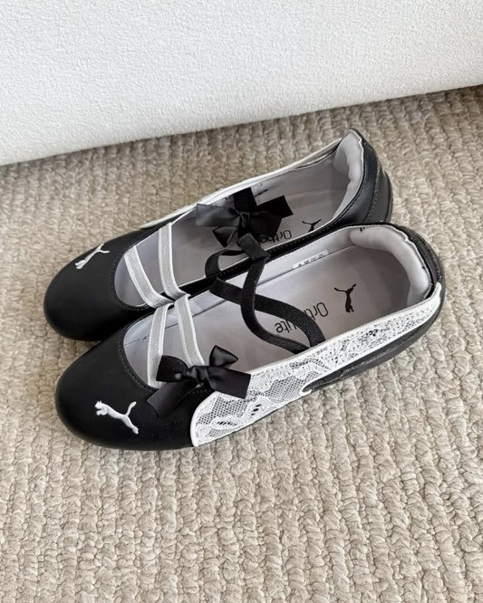 Puma Lace Mary Jane Flats Black White